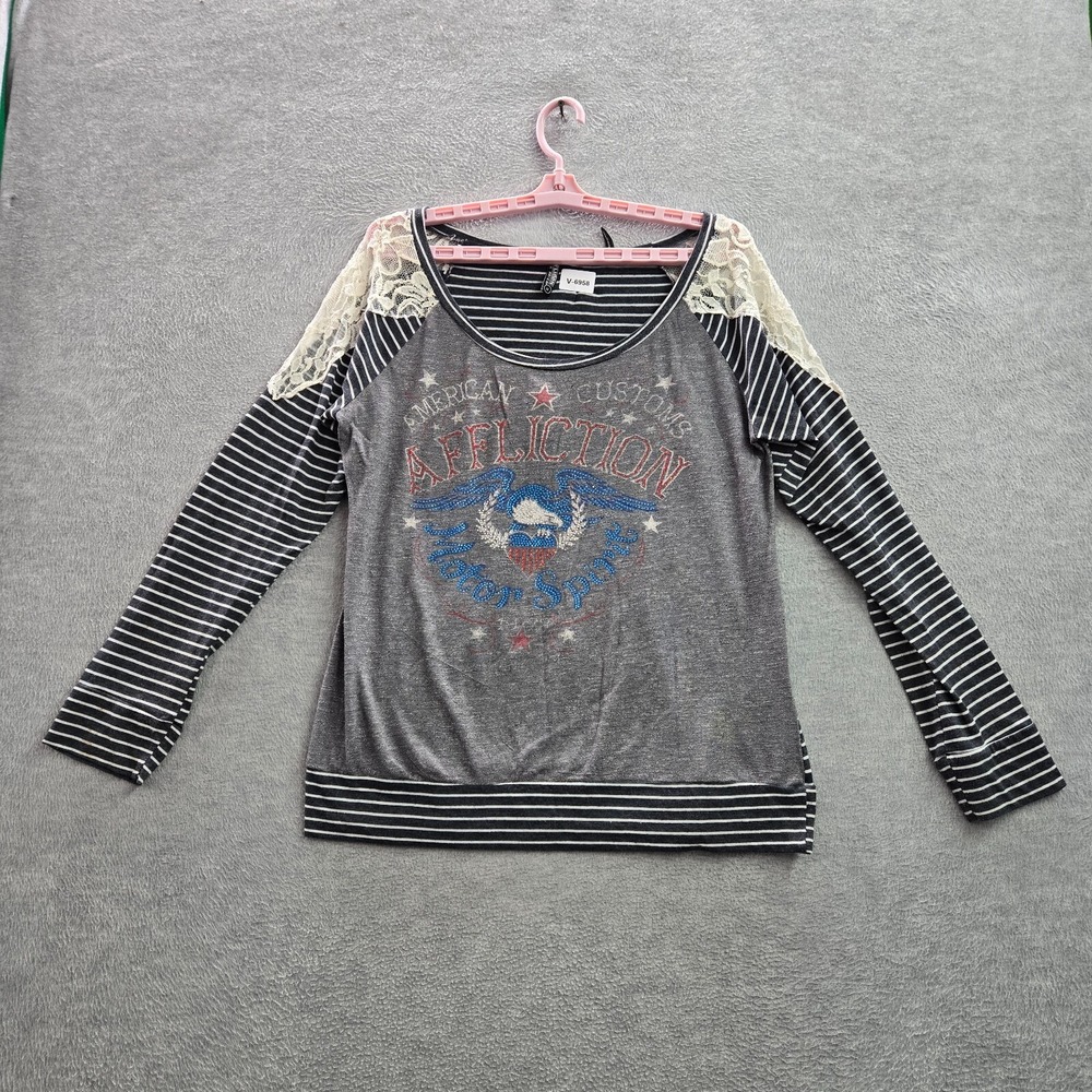Affliction Women‎ Top M Gray Striped Black Scoop Neck Rhinestones Biker Y2K